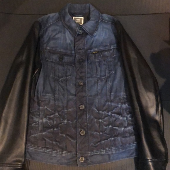 G-Star Raw Inked Denim Dark Blue Jean Jacket w/Authentic Leather Biker Sleeves - Picture 2 of 16